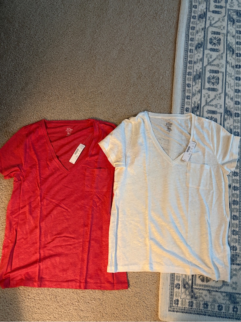Set of 2 - J. Crew Linen V-Neck Pocket Tees - Red & White